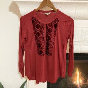 Lucky Brand Red with Velvet Long Sleeve Top Size Small S